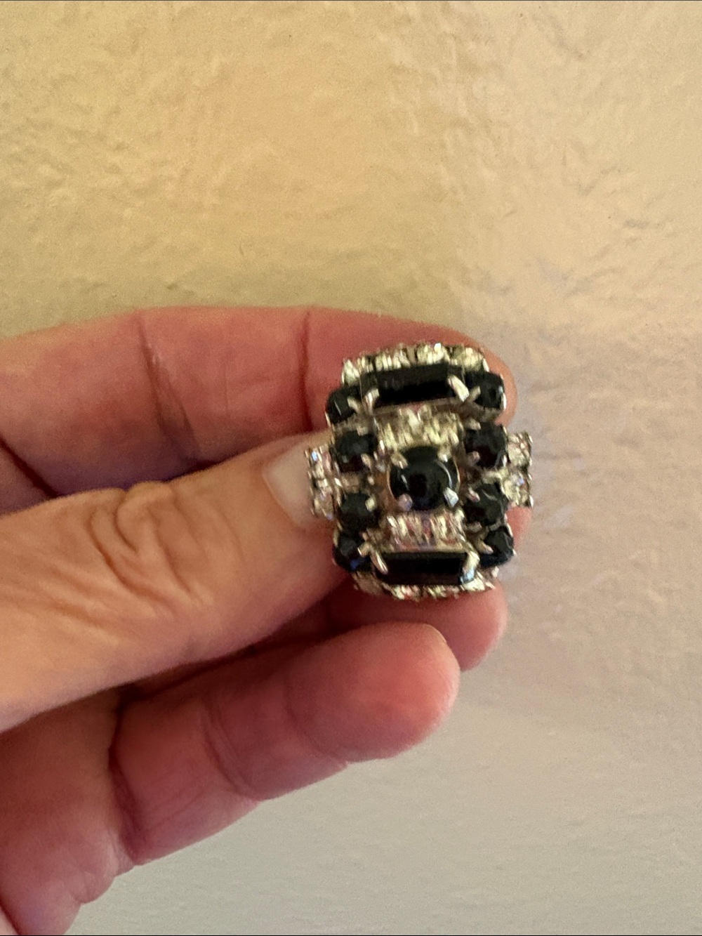 Vintage Black & Silver Clip-On Statement Earrings with clear stones